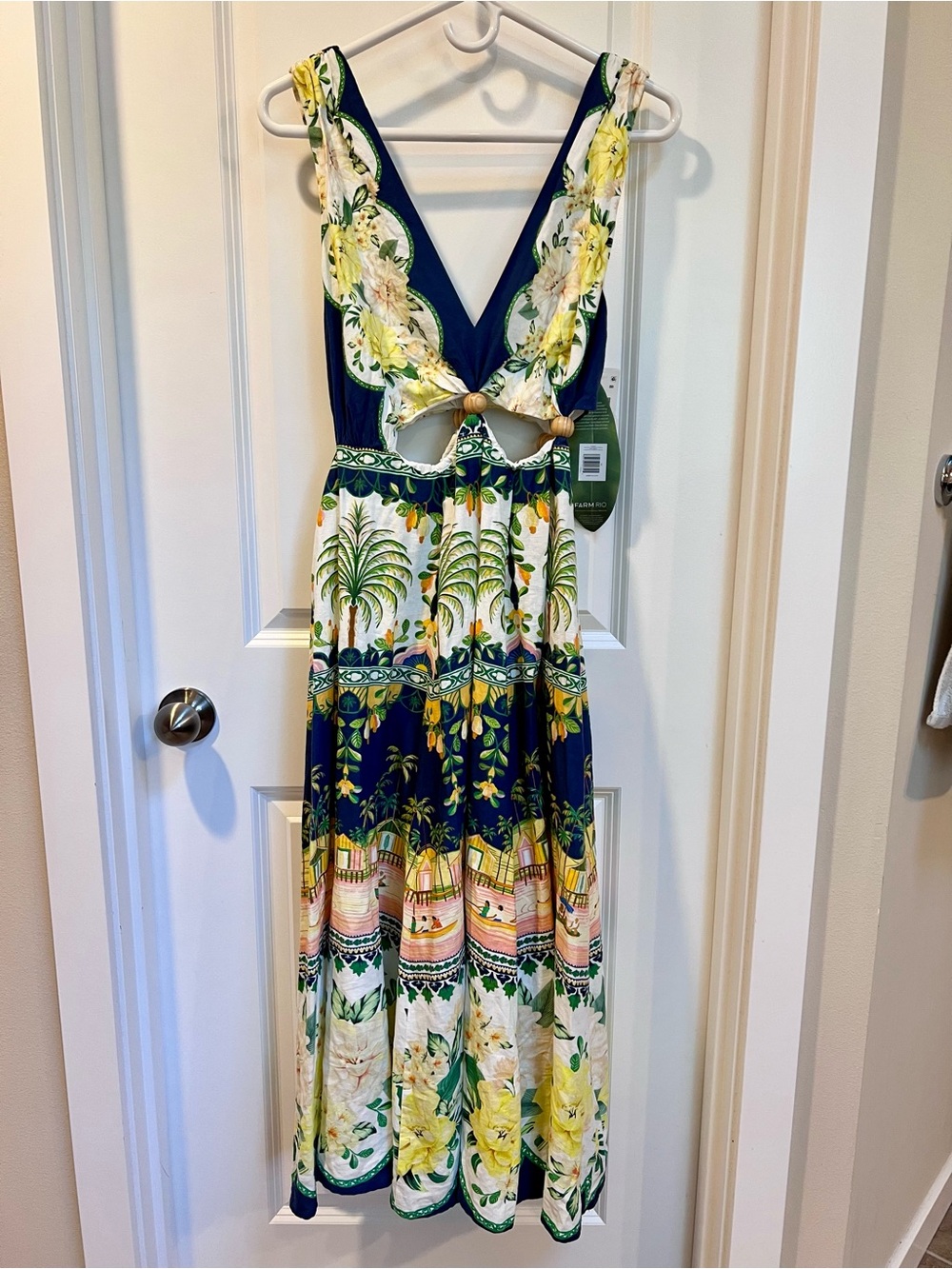 🌼FARM Rio Amazon Garden Cream Navy Cut Out Midi Dress Floral Tropical V-Neck M - Picture 4 of 15